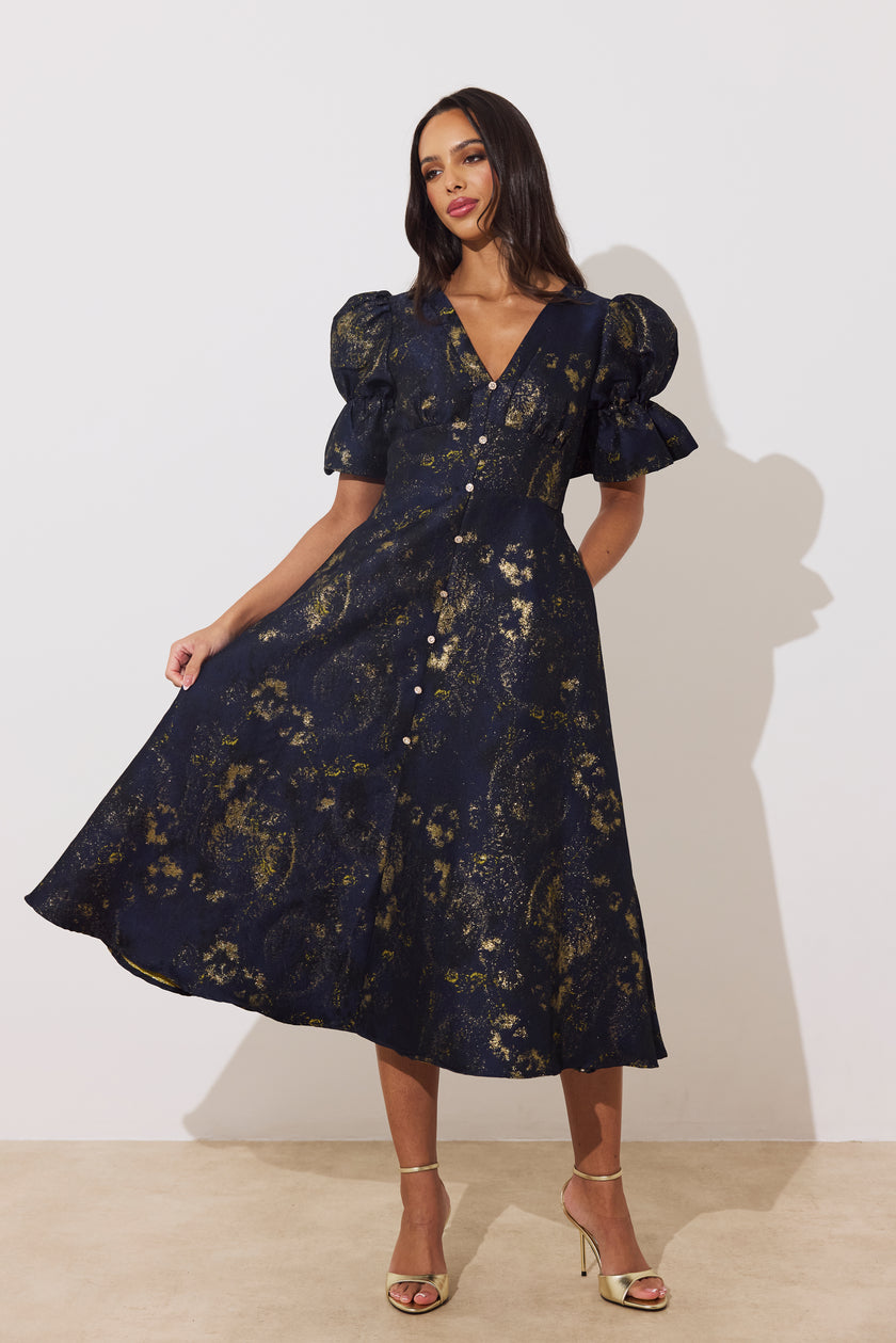 CALLIE METALLIC FULL SKIRT MIDI DRESS - MIDNIGHT BLUE GOLD