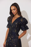 CALLIE METALLIC FULL SKIRT MIDI DRESS - MIDNIGHT BLUE GOLD
