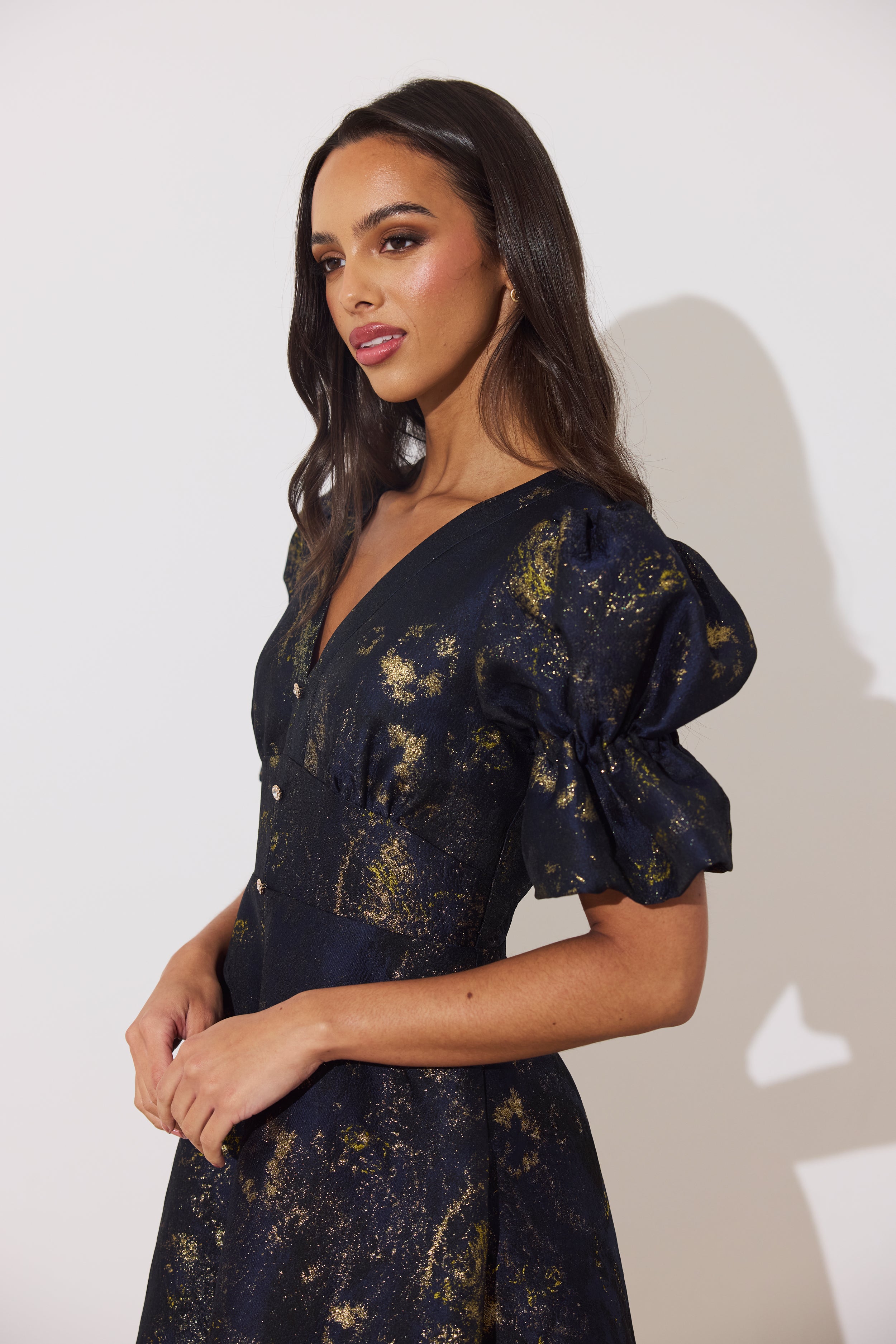 CALLIE METALLIC FULL SKIRT MIDI DRESS - MIDNIGHT BLUE GOLD
