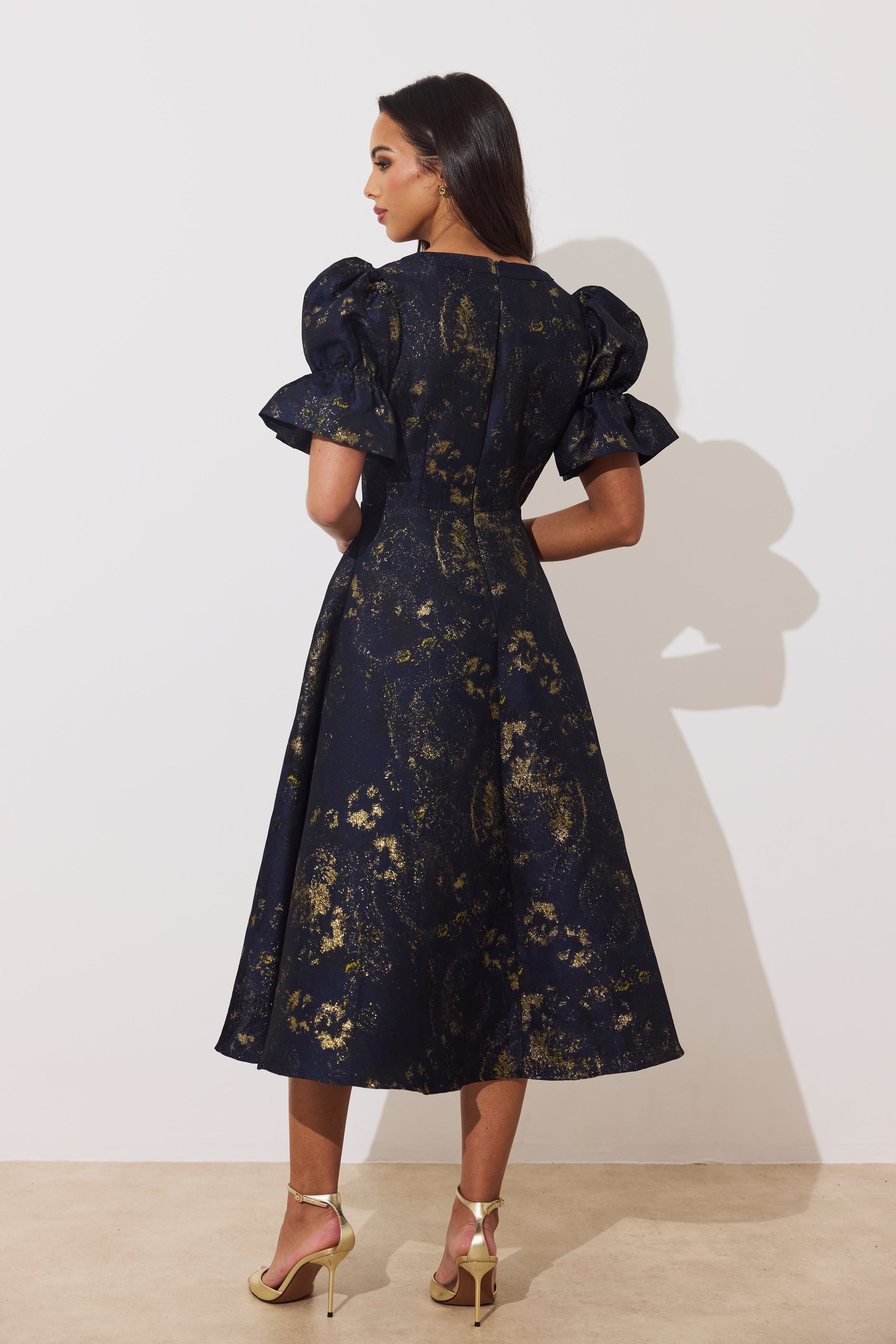 CALLIE METALLIC FULL SKIRT MIDI DRESS - MIDNIGHT BLUE GOLD