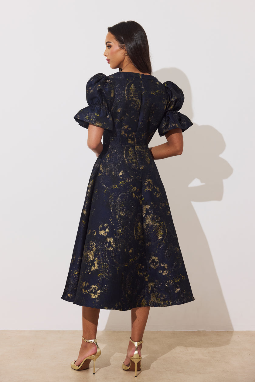 CALLIE METALLIC FULL SKIRT MIDI DRESS - MIDNIGHT BLUE GOLD