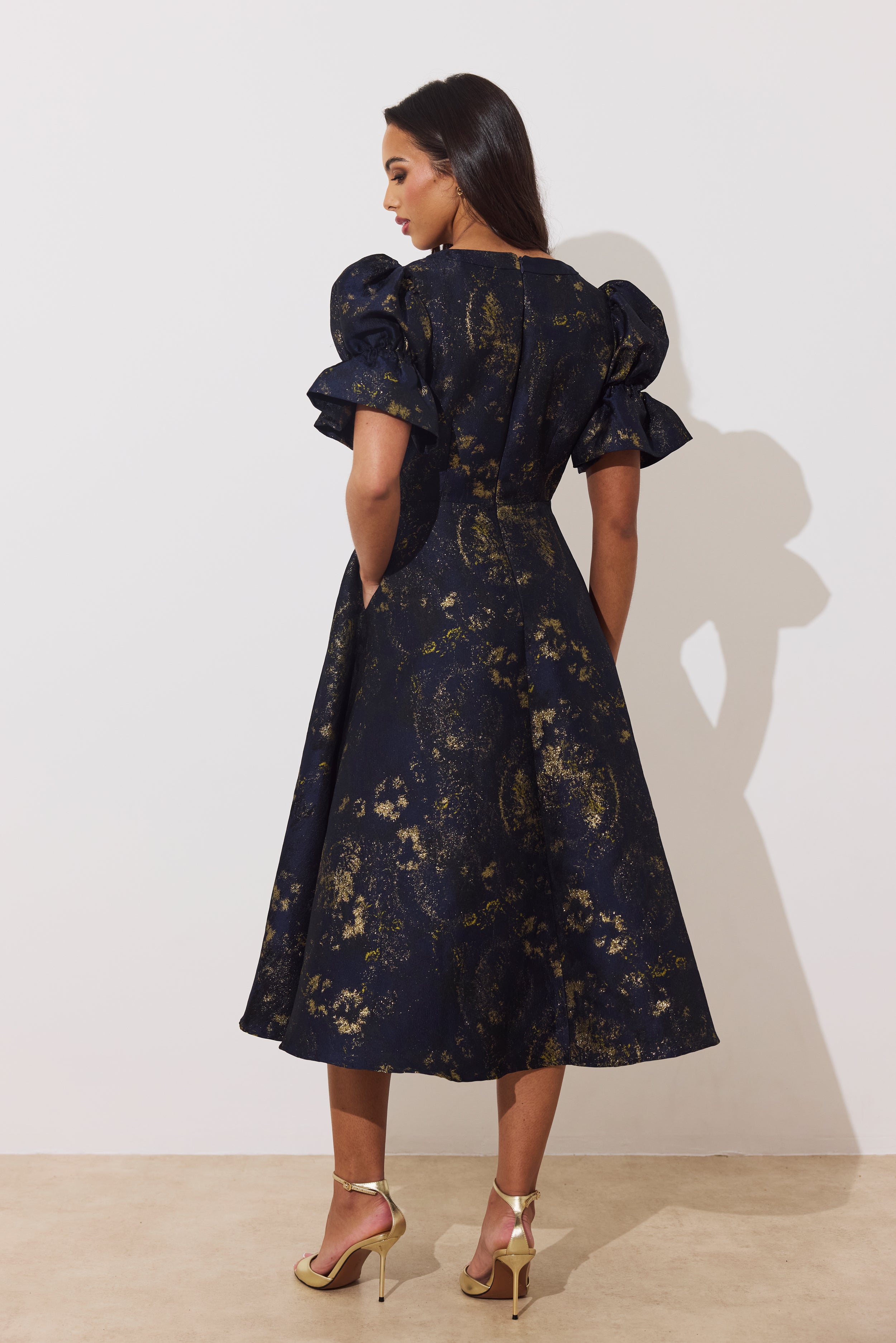 CALLIE METALLIC FULL SKIRT MIDI DRESS - MIDNIGHT BLUE GOLD