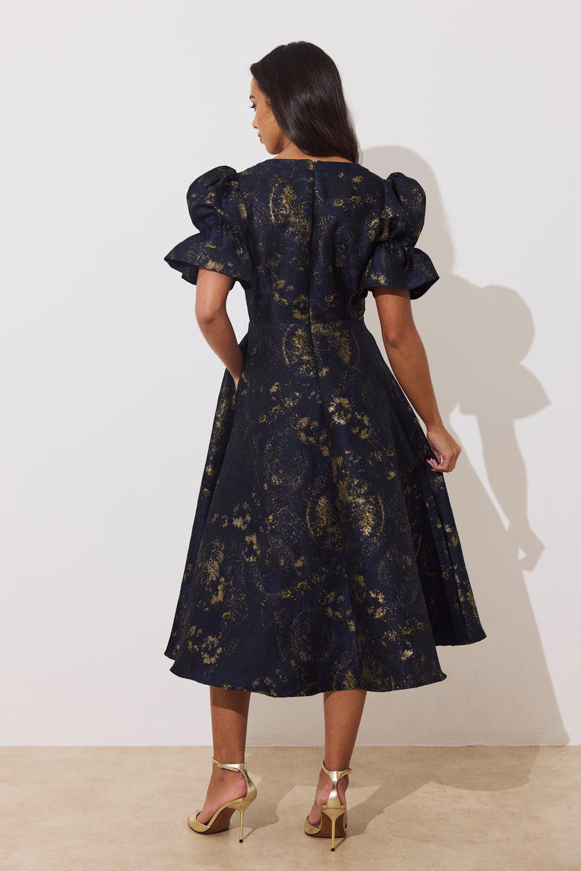 CALLIE METALLIC FULL SKIRT MIDI DRESS - MIDNIGHT BLUE GOLD