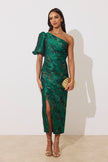 DIANA 1 SHOULDER RUCHE MIDI DRESS - EMERALD METALLIC