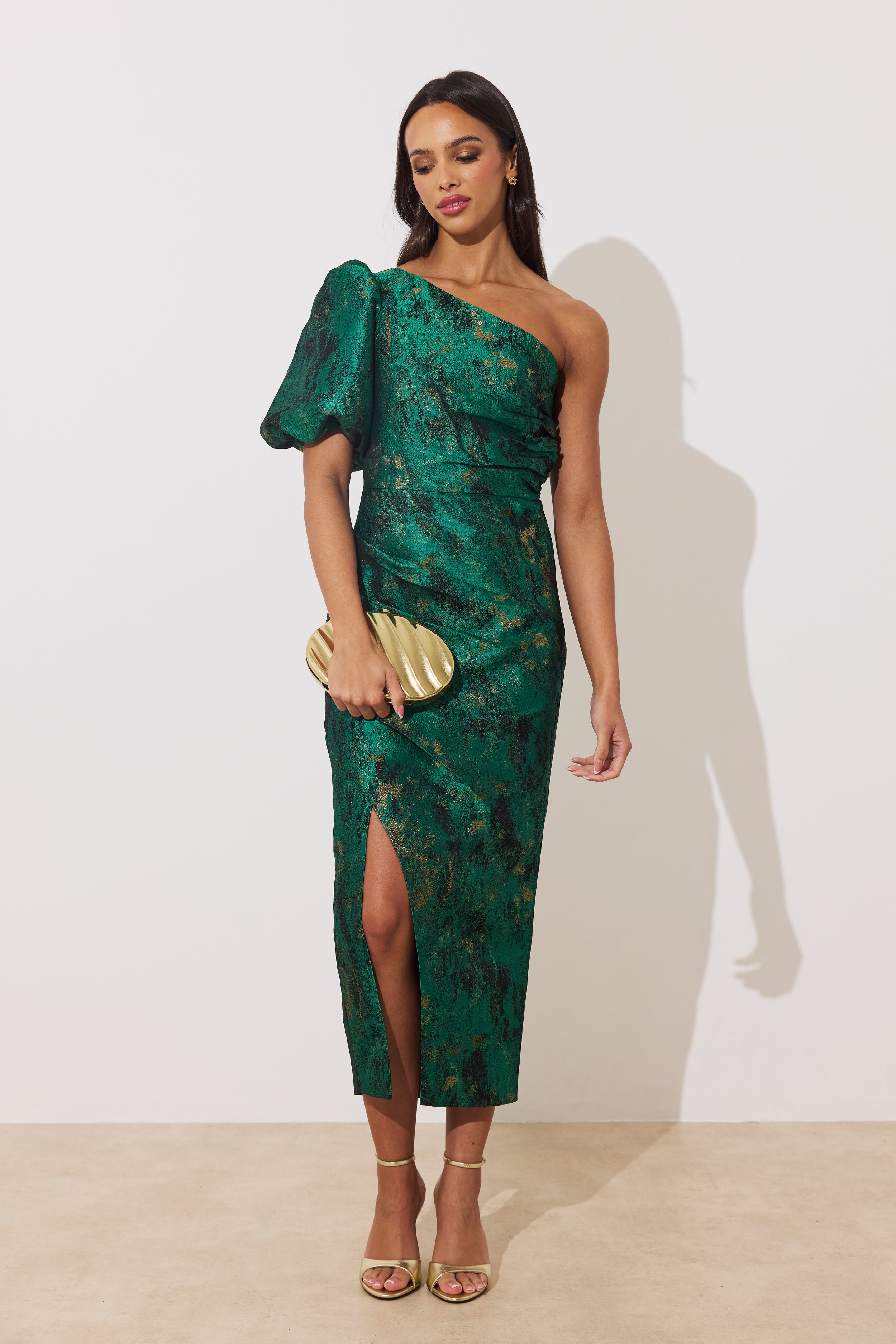 DIANA 1 SHOULDER RUCHE MIDI DRESS - EMERALD METALLIC