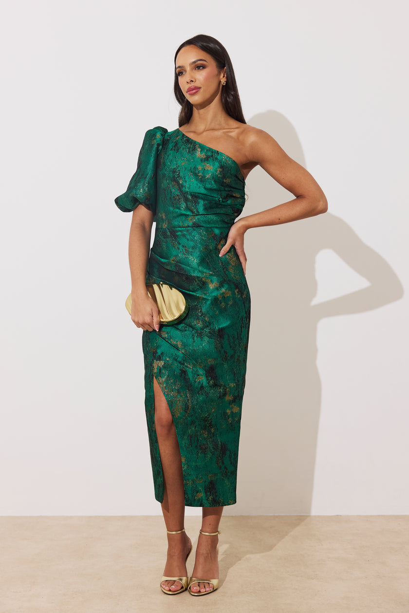 DIANA 1 SHOULDER RUCHE MIDI DRESS - EMERALD METALLIC