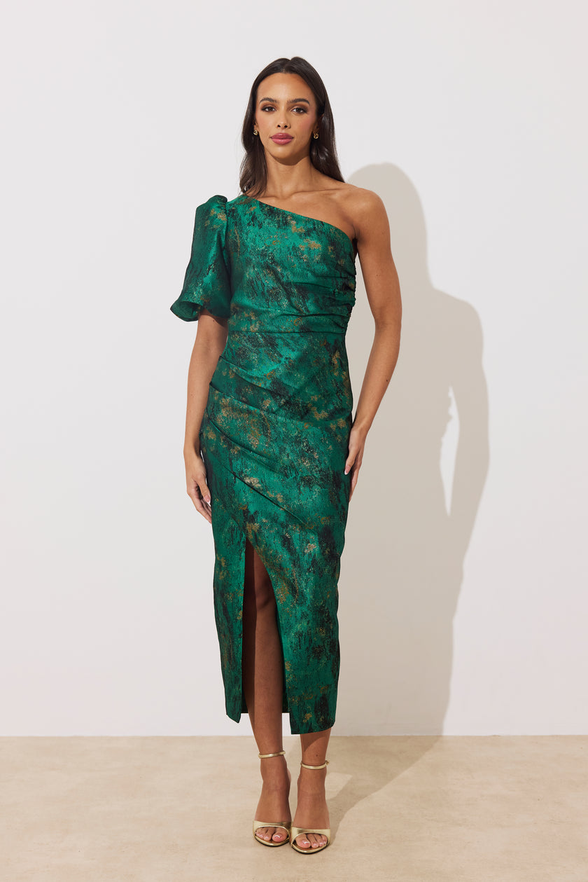 DIANA 1 SHOULDER RUCHE MIDI DRESS - EMERALD METALLIC