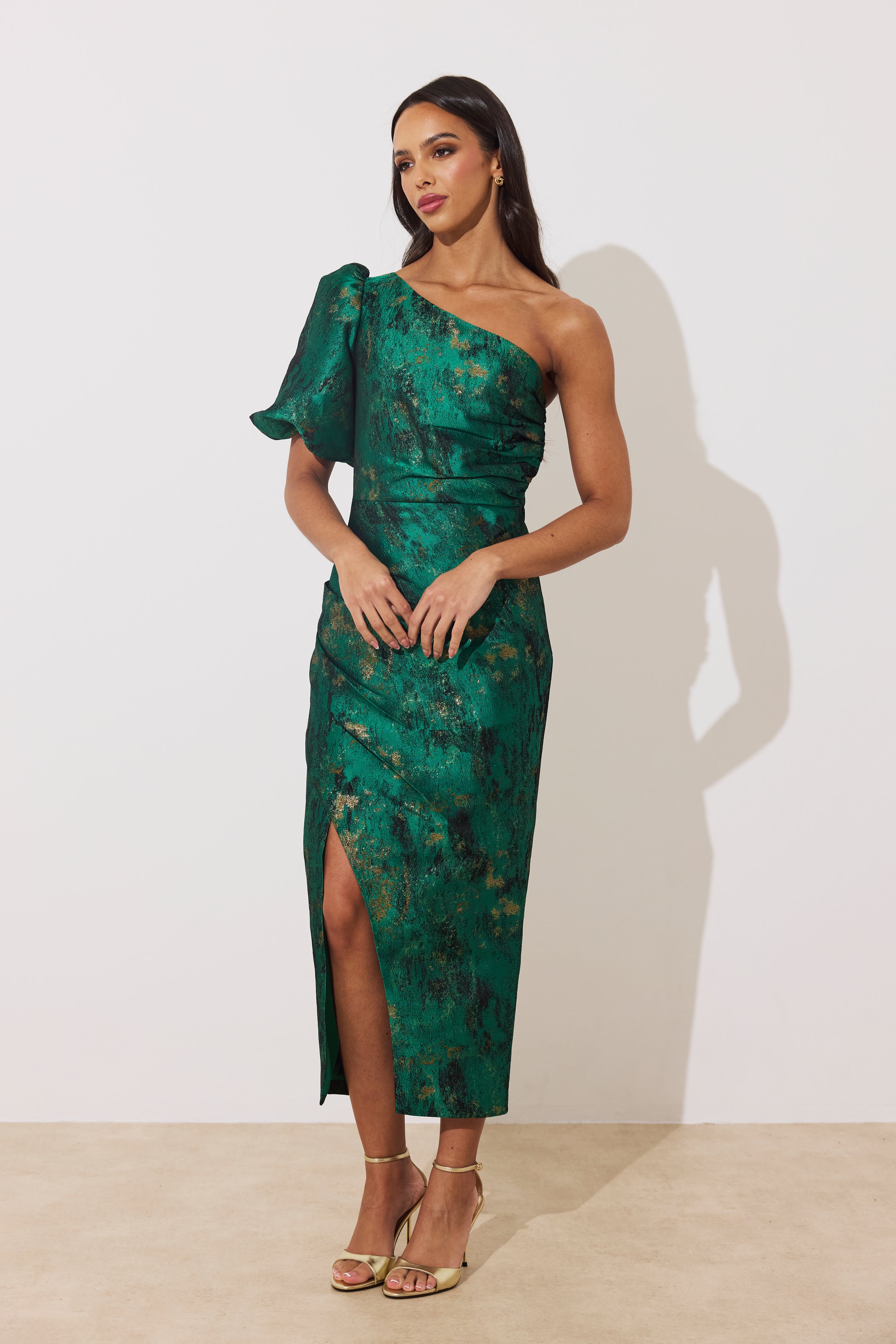DIANA 1 SHOULDER RUCHE MIDI DRESS - EMERALD METALLIC