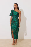 DIANA 1 SHOULDER RUCHE MIDI DRESS - EMERALD METALLIC