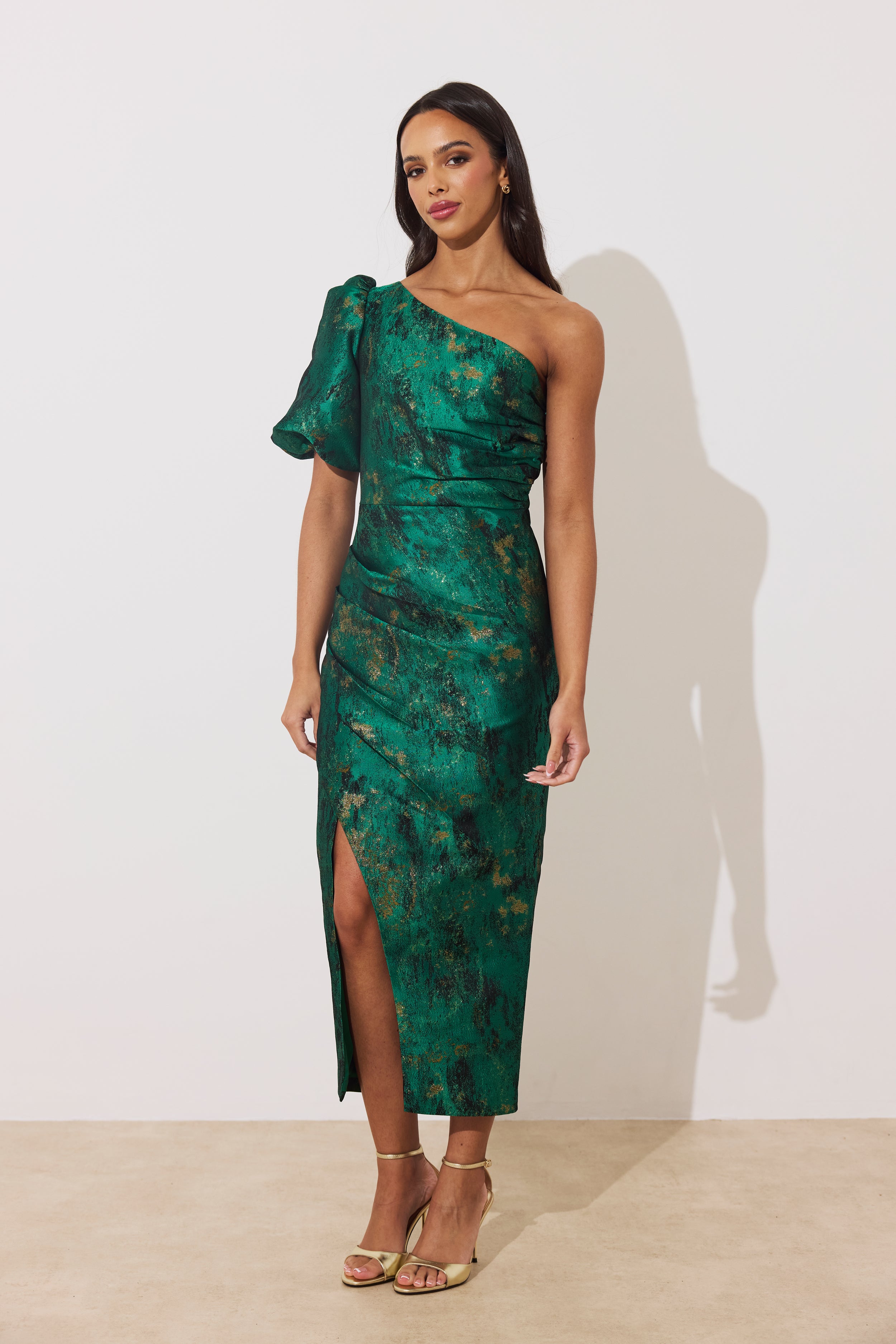 DIANA 1 SHOULDER RUCHE MIDI DRESS - EMERALD METALLIC