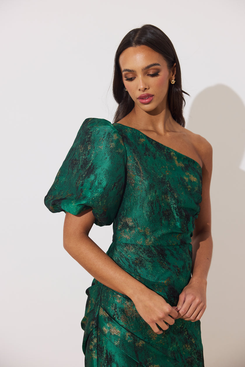 DIANA 1 SHOULDER RUCHE MIDI DRESS - EMERALD METALLIC