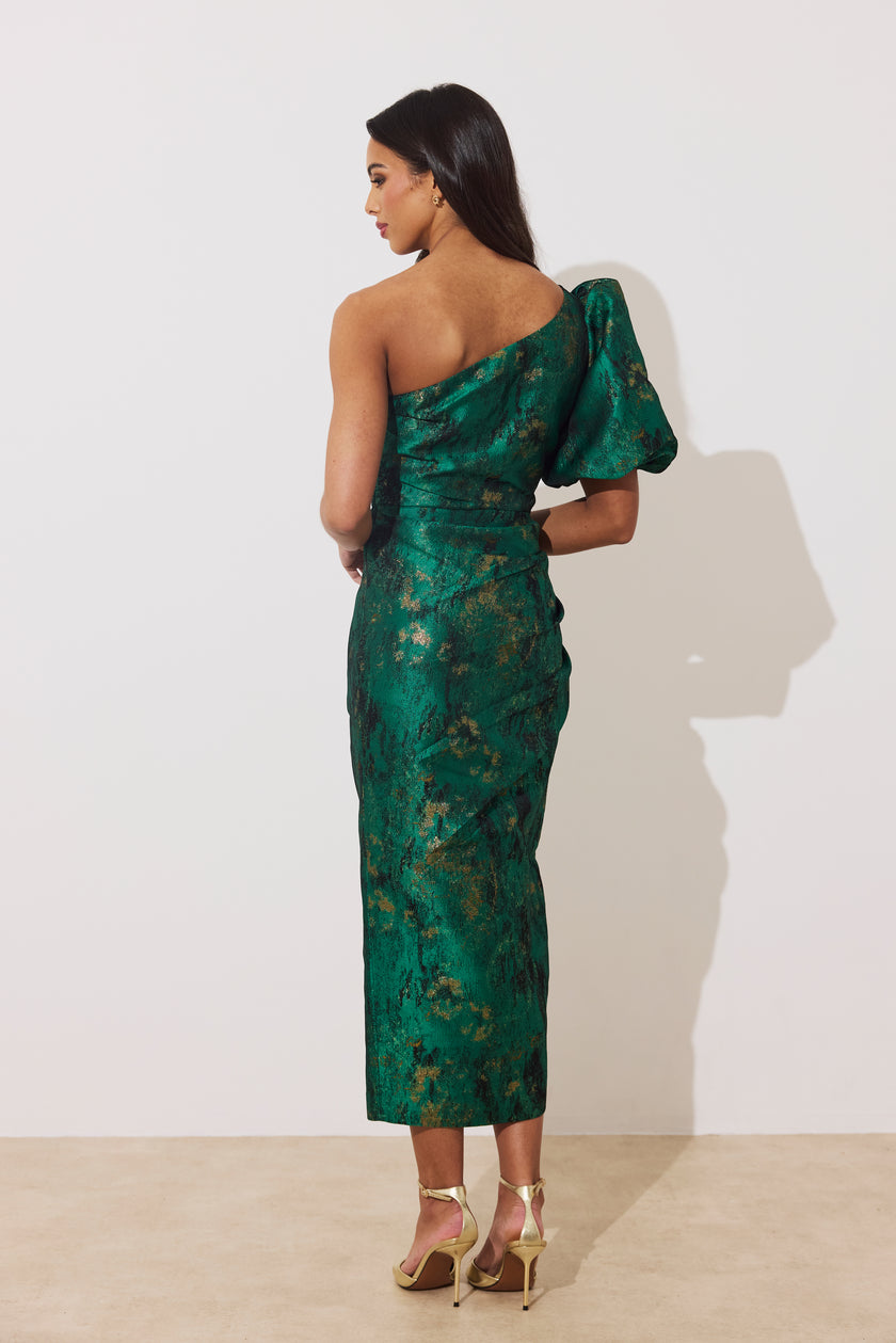DIANA 1 SHOULDER RUCHE MIDI DRESS - EMERALD METALLIC