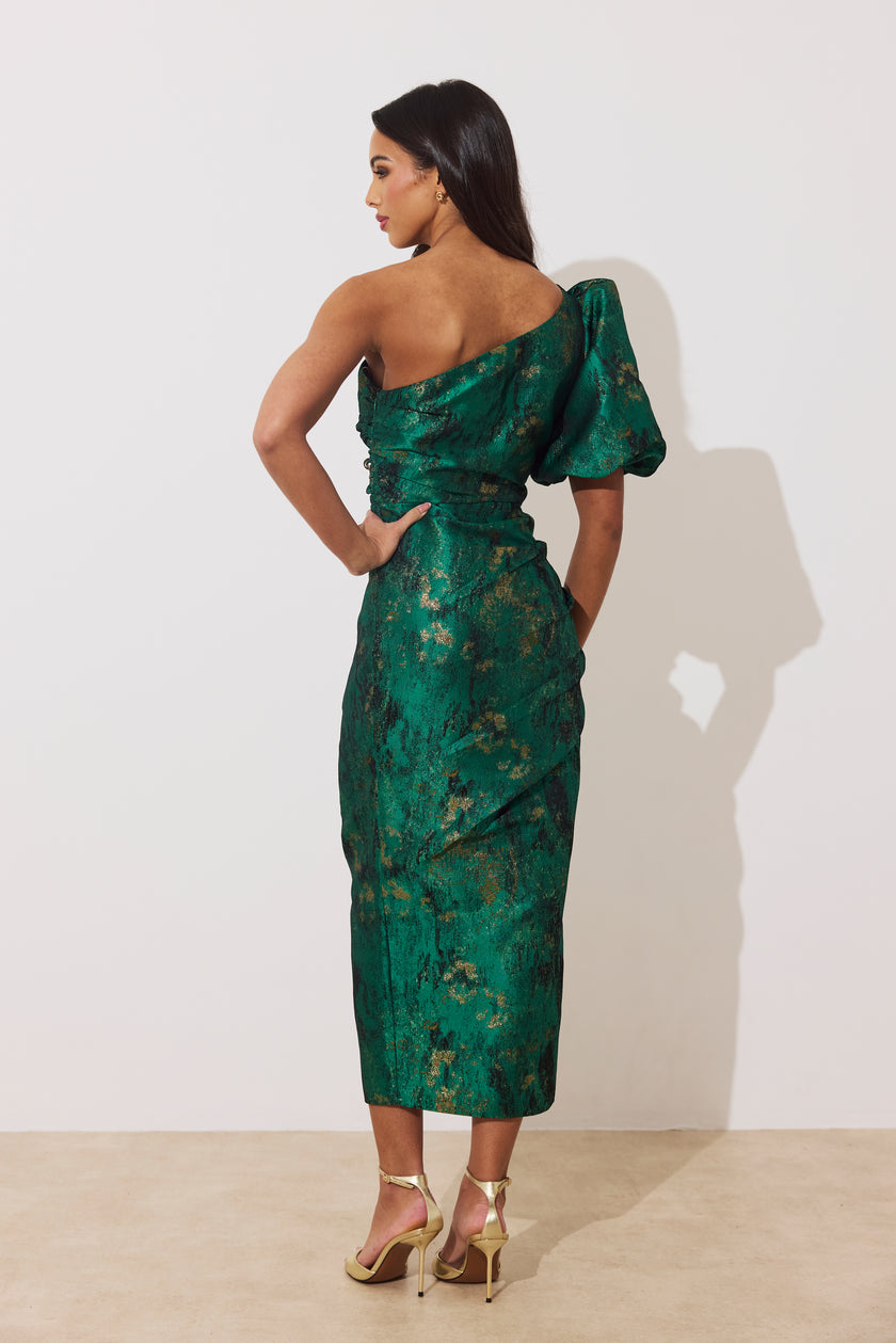 DIANA 1 SHOULDER RUCHE MIDI DRESS - EMERALD METALLIC