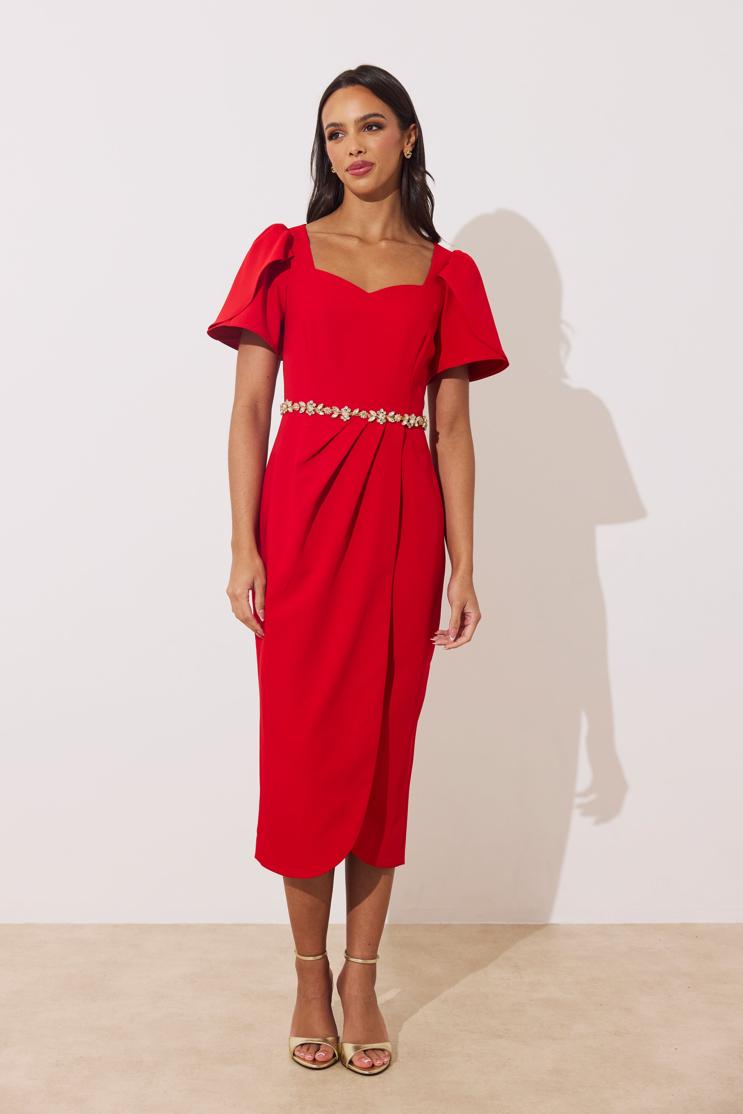 SOLANA EMBELLISHED WAIST TULIP SKIRT MIDI - RED