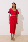 SOLANA EMBELLISHED WAIST TULIP SKIRT MIDI - RED