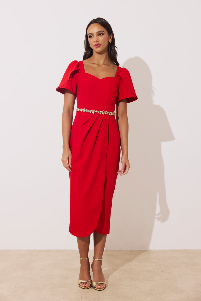 SOLANA EMBELLISHED WAIST TULIP SKIRT MIDI - RED