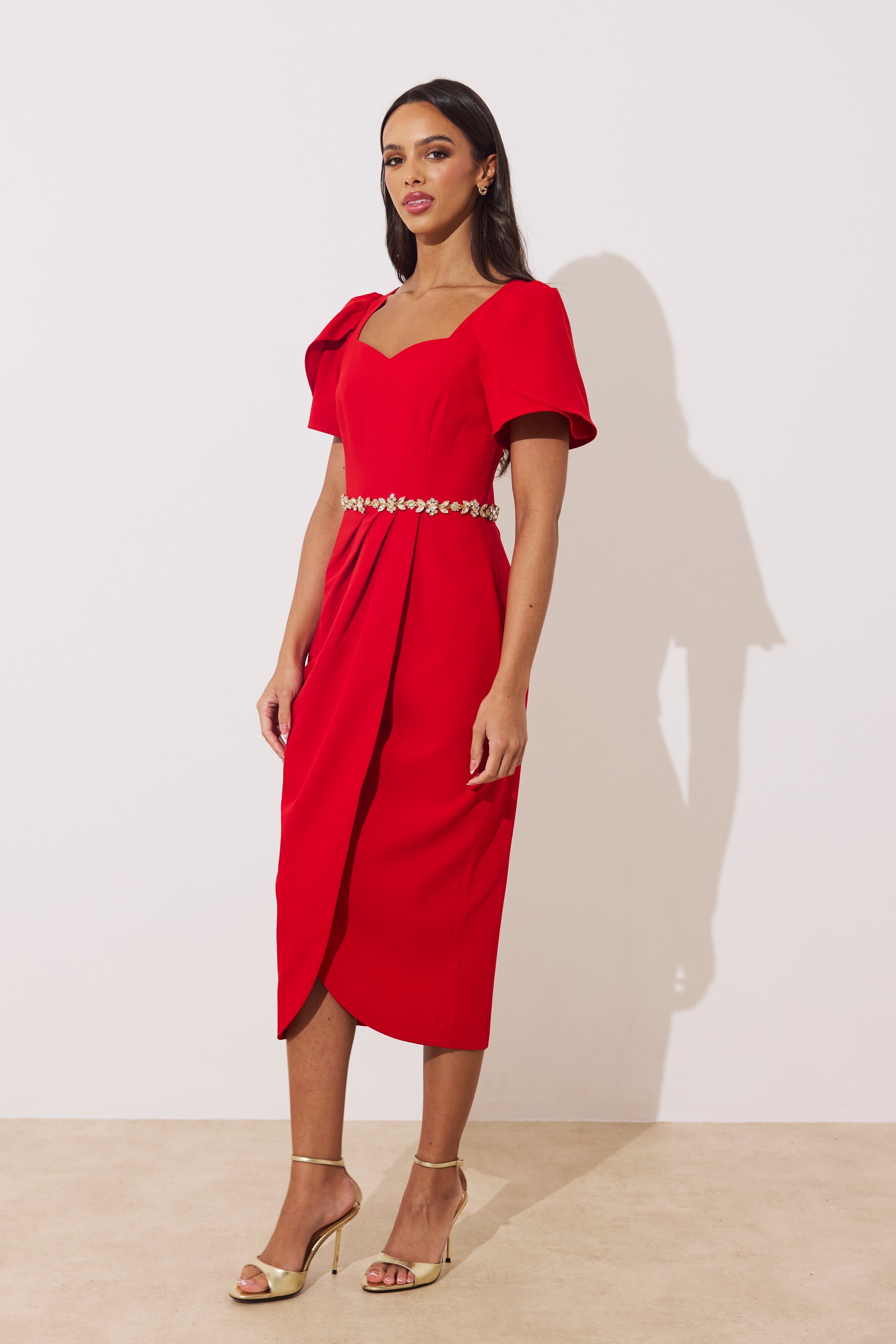 SOLANA EMBELLISHED WAIST TULIP SKIRT MIDI - RED