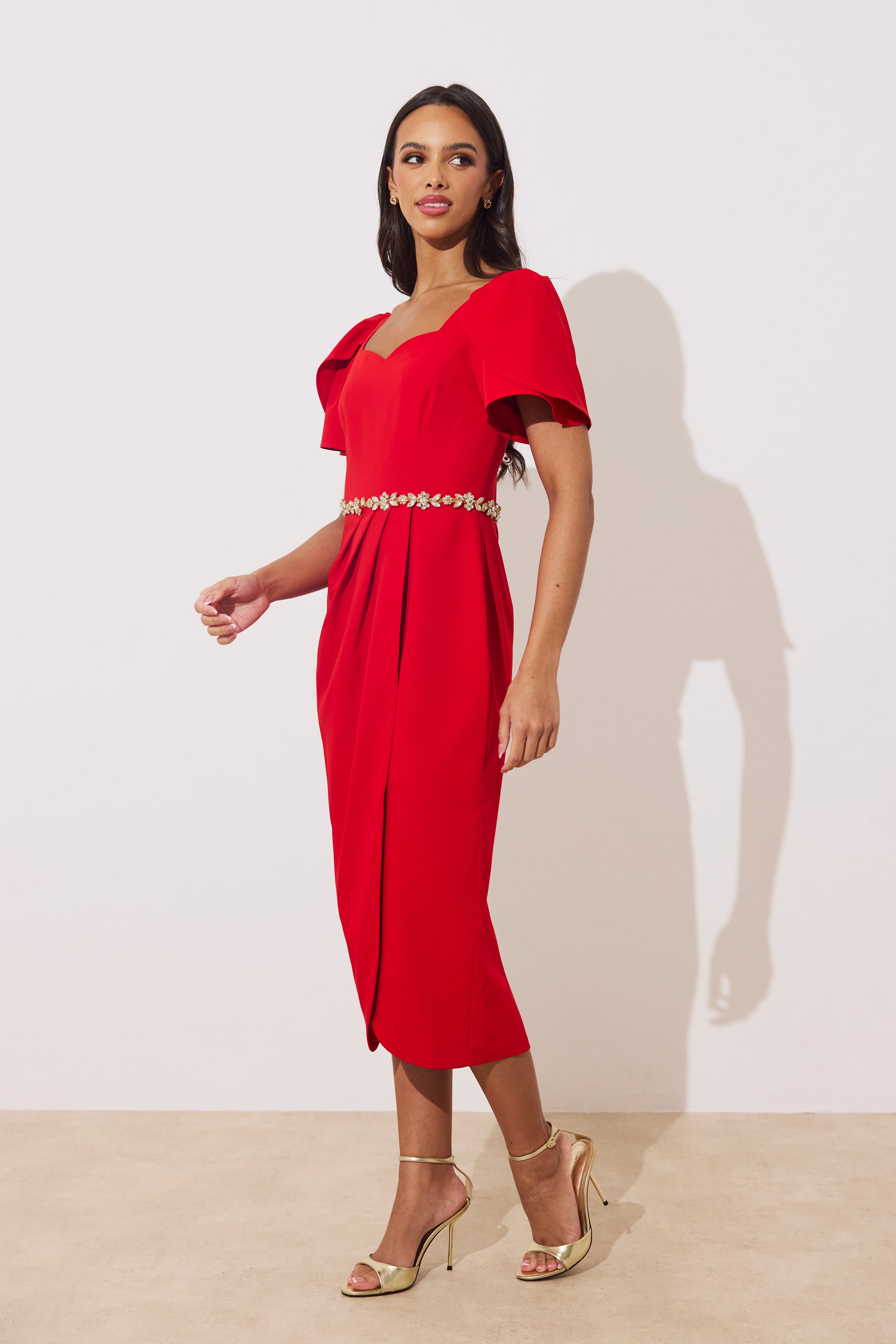 SOLANA EMBELLISHED WAIST TULIP SKIRT MIDI - RED