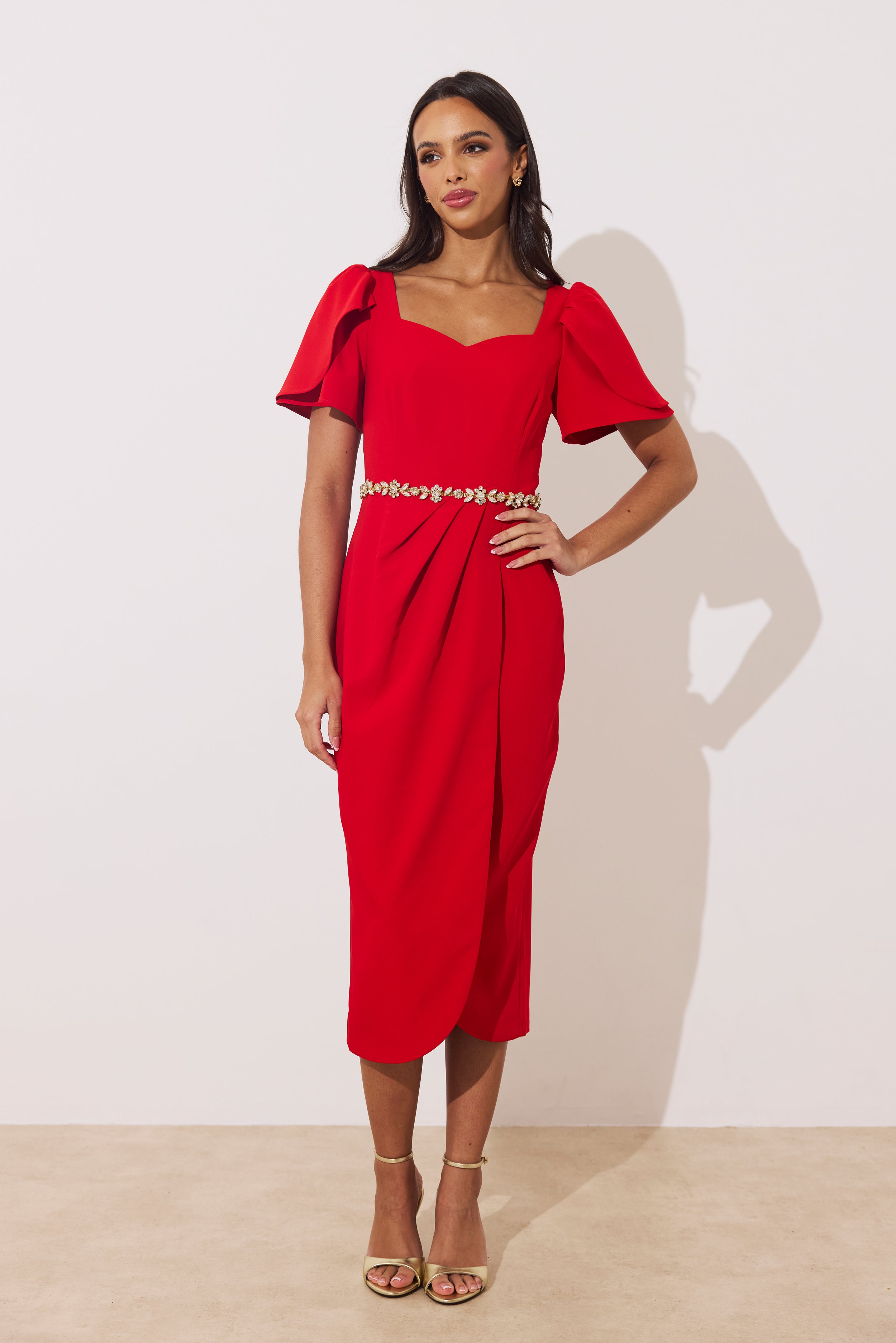 SOLANA EMBELLISHED WAIST TULIP SKIRT MIDI - RED