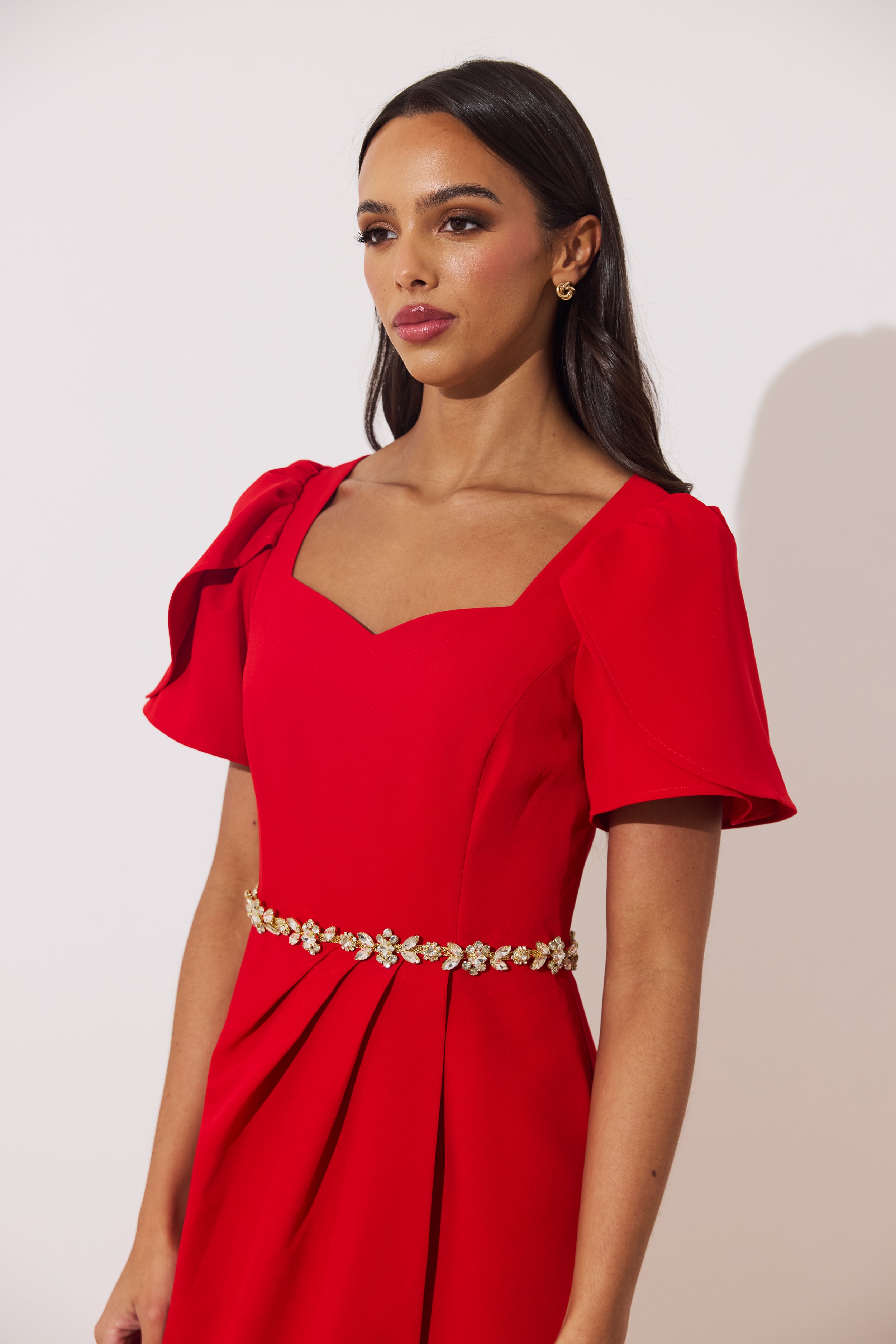 SOLANA EMBELLISHED WAIST TULIP SKIRT MIDI - RED