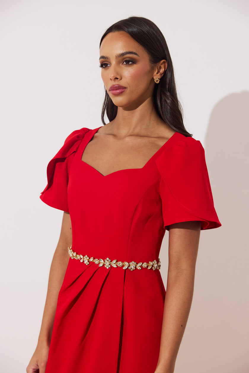 SOLANA EMBELLISHED WAIST TULIP SKIRT MIDI - RED