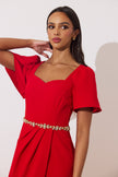SOLANA EMBELLISHED WAIST TULIP SKIRT MIDI - RED