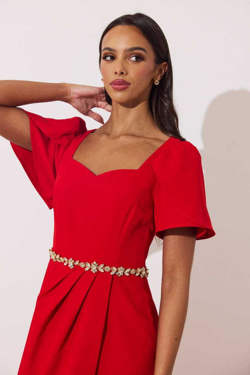 SOLANA EMBELLISHED WAIST TULIP SKIRT MIDI - RED