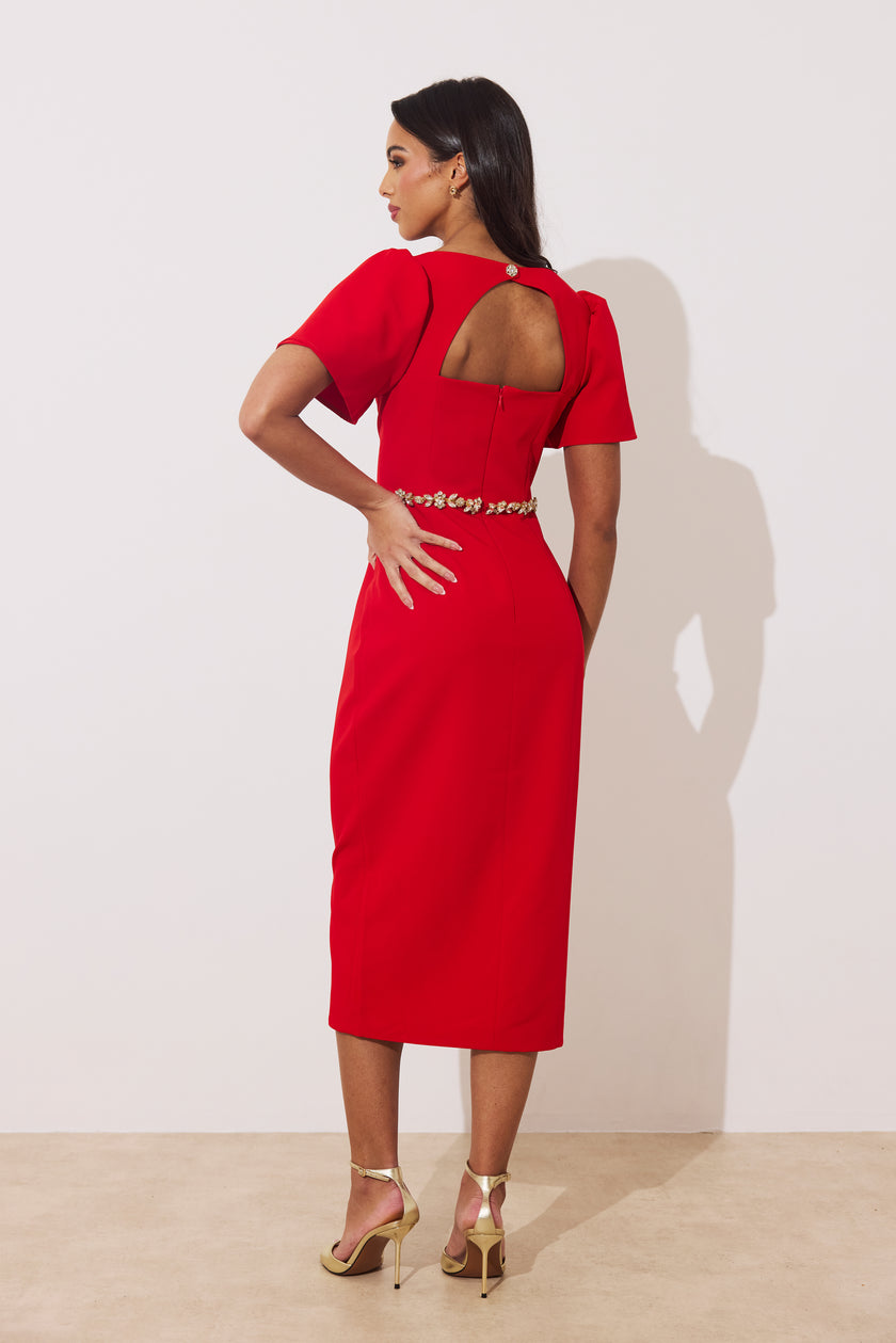 SOLANA EMBELLISHED WAIST TULIP SKIRT MIDI - RED