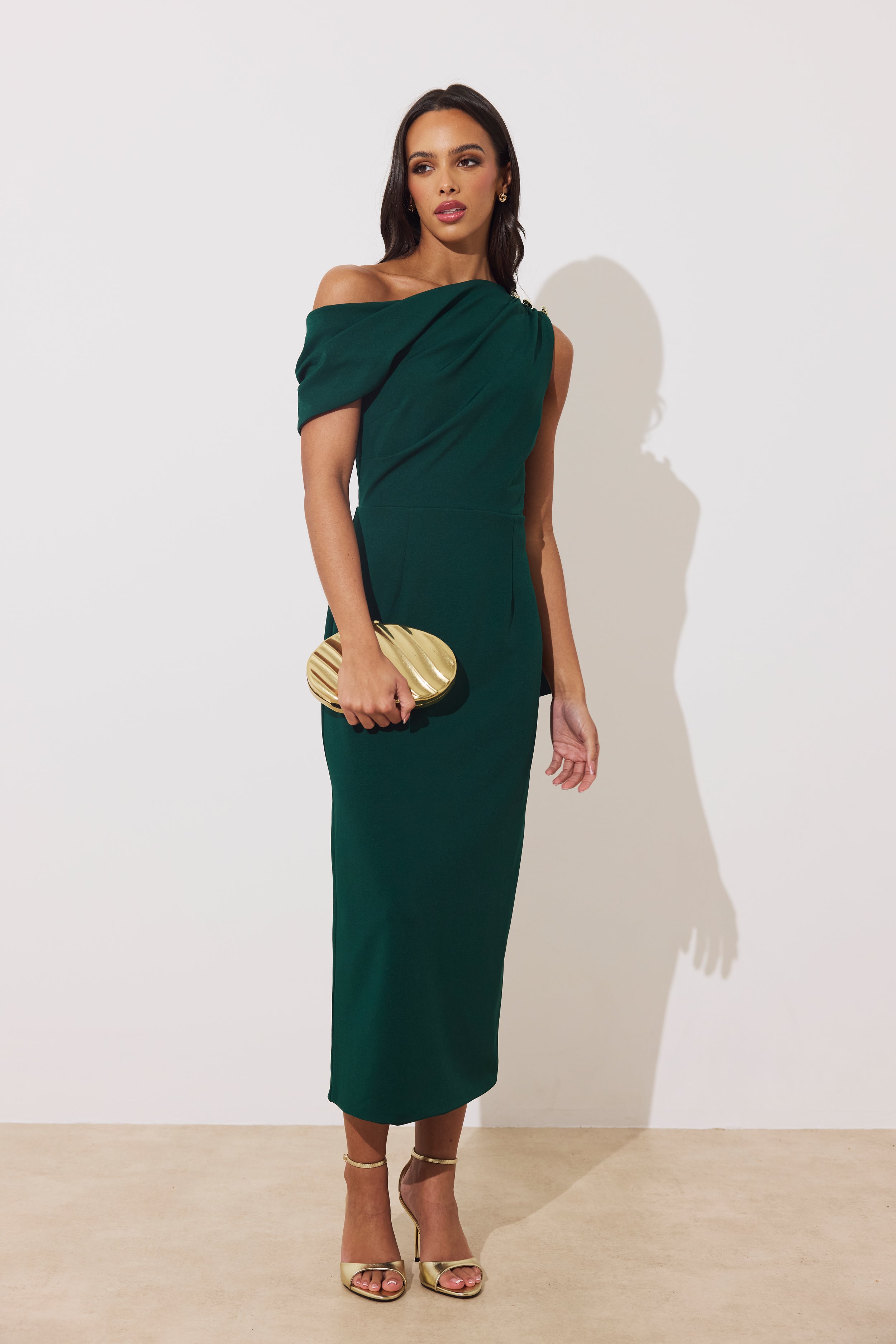 ELENI DRAPE MIDI DRESS - FOREST GREEN