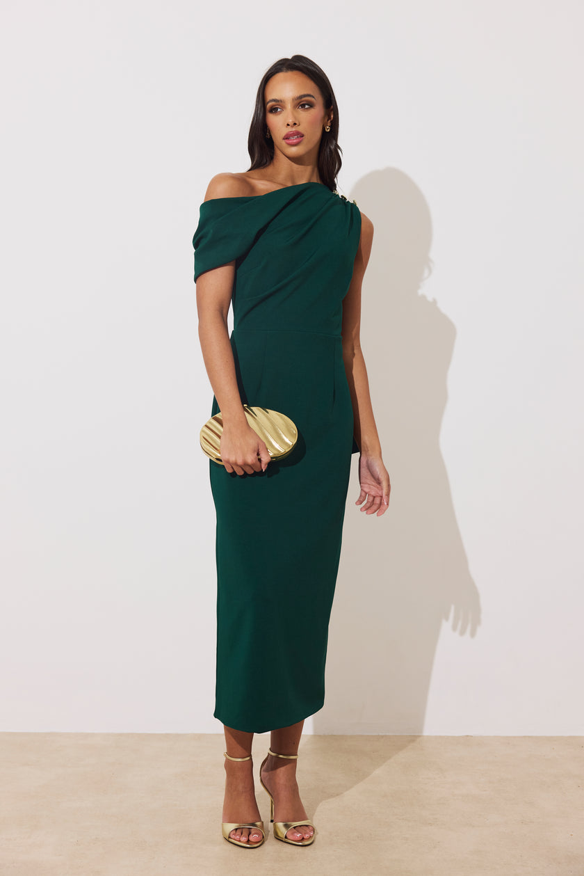 ELENI DRAPE MIDI DRESS - FOREST GREEN