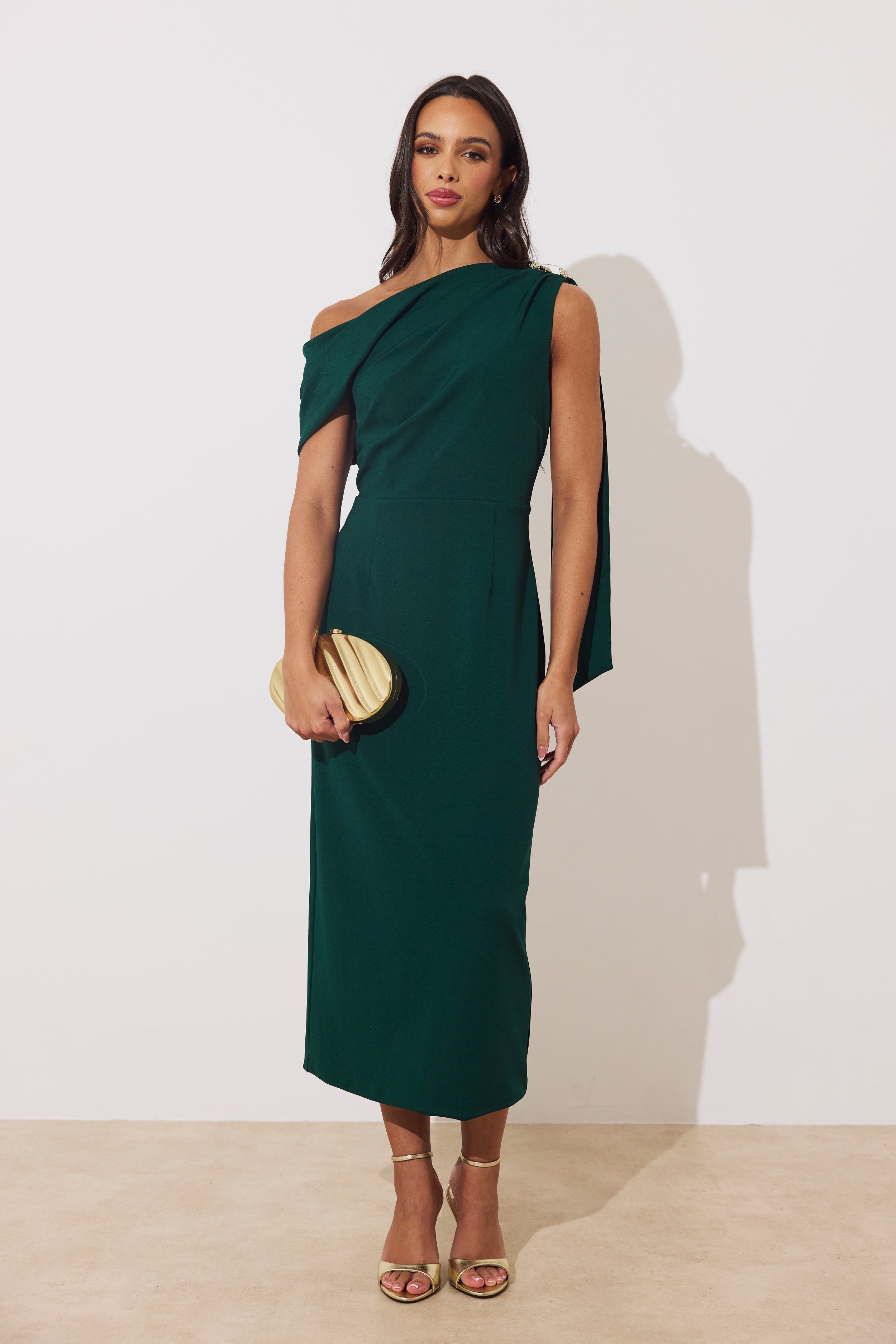 ELENI DRAPE MIDI DRESS - FOREST GREEN