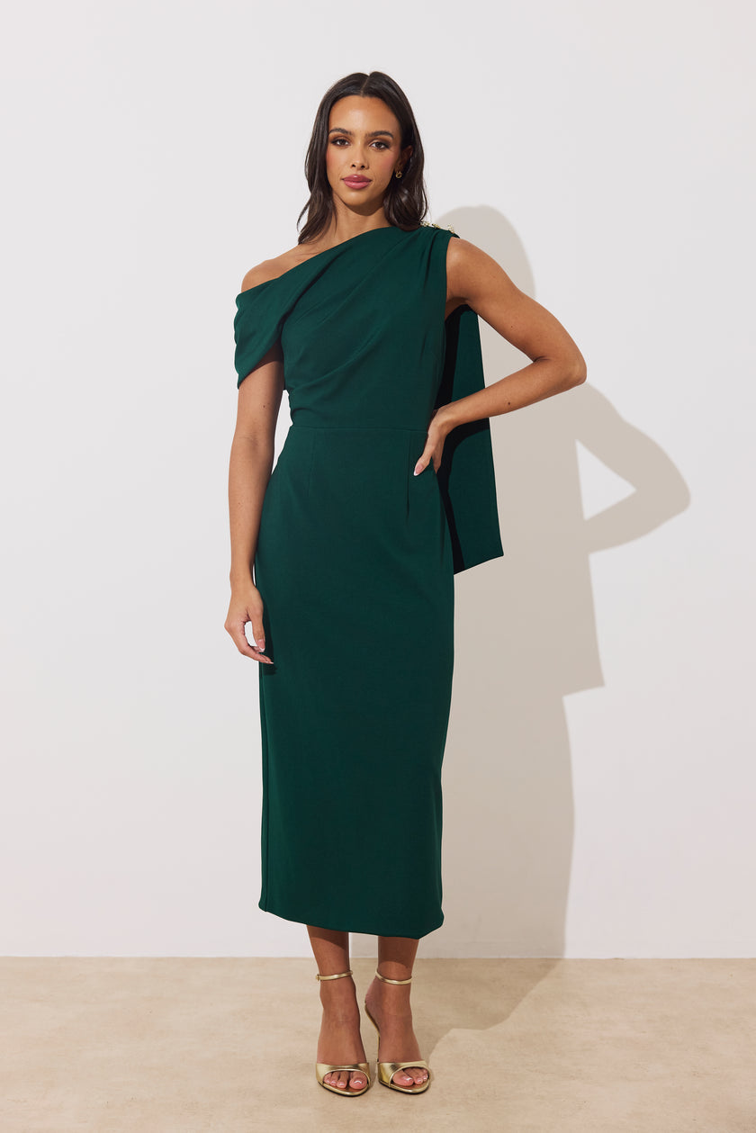 ELENI DRAPE MIDI DRESS - FOREST GREEN