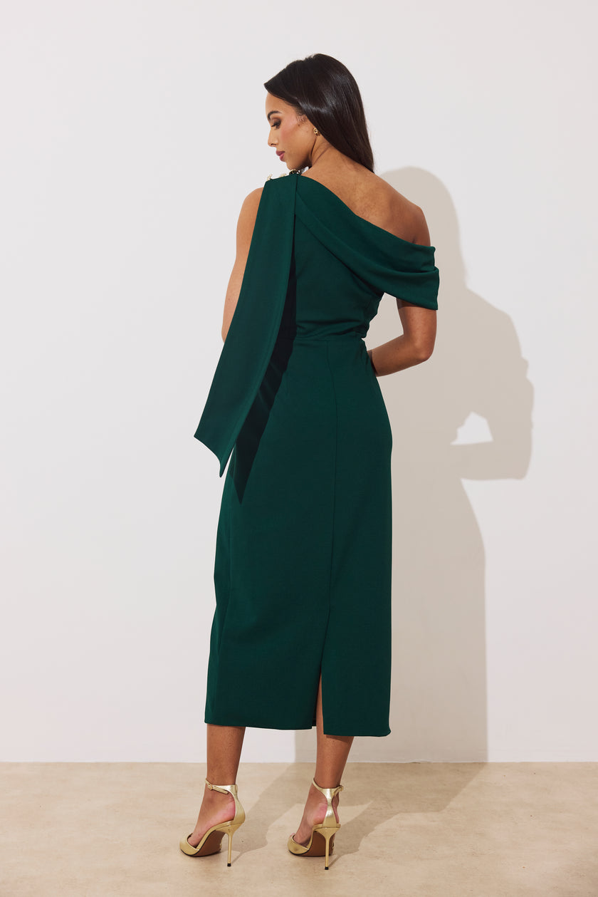 ELENI DRAPE MIDI DRESS - FOREST GREEN
