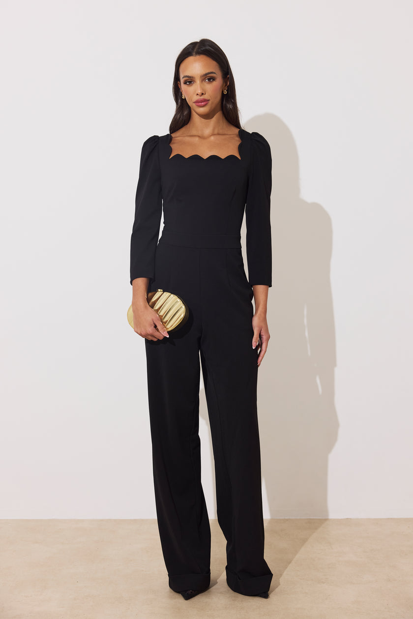 ADELINE SCALLOP EDGE WIDE LEG JUMPSUIT - BLACK