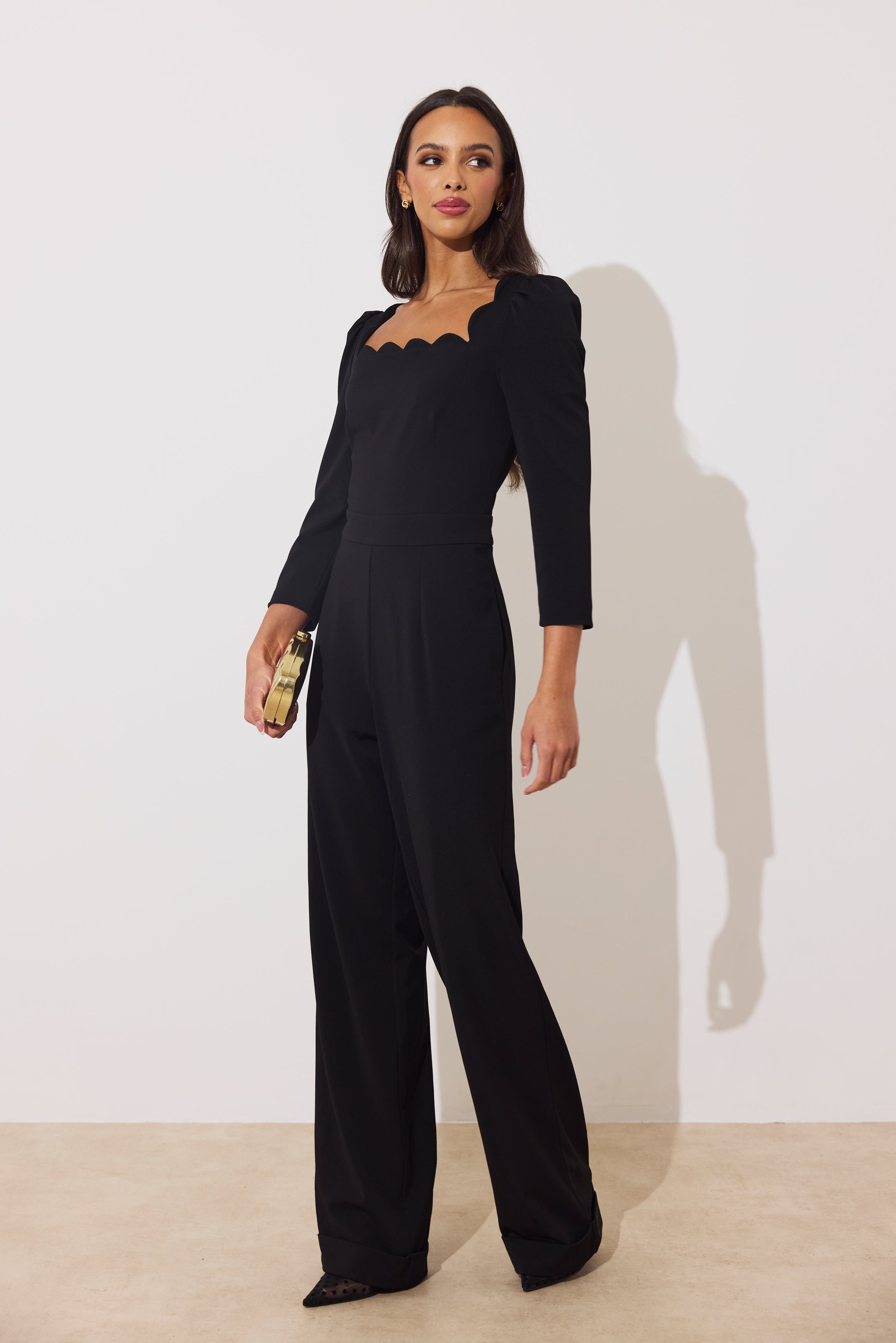 ADELINE SCALLOP EDGE WIDE LEG JUMPSUIT - BLACK