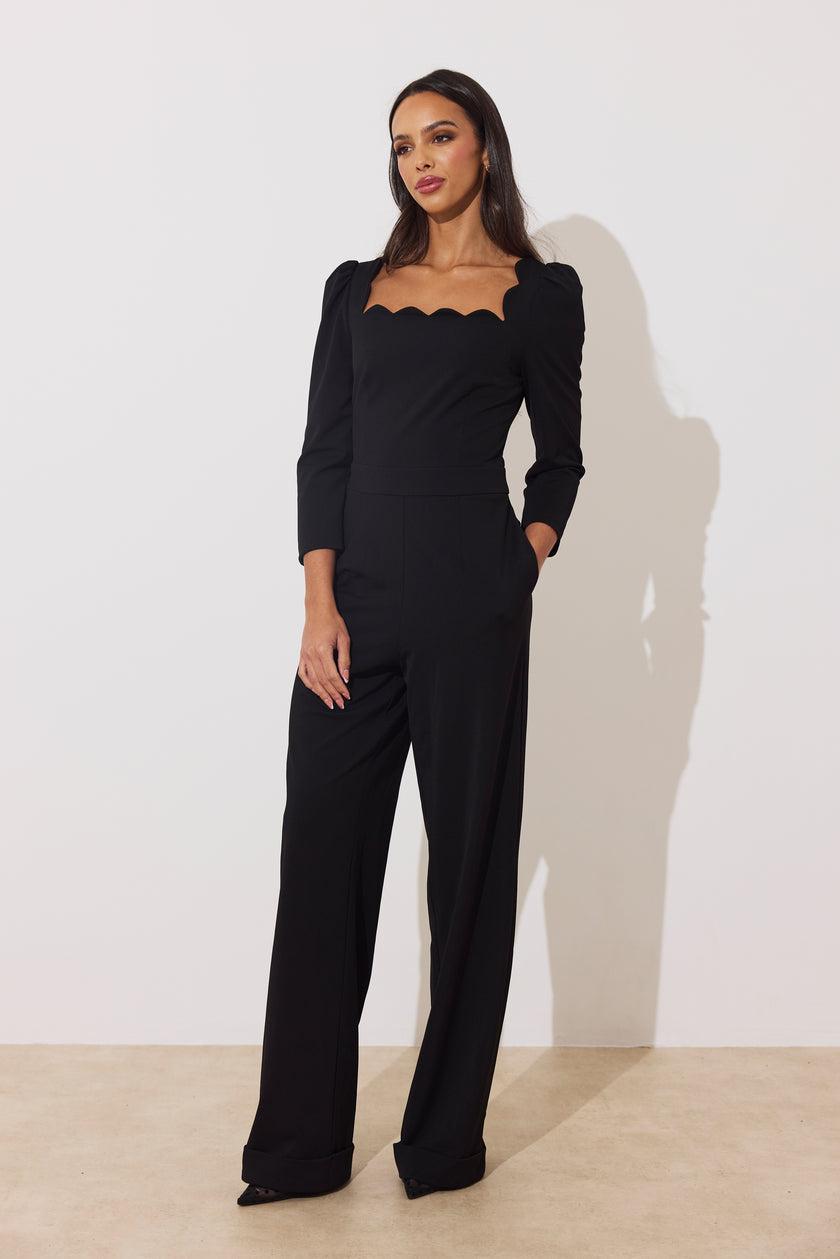 ADELINE SCALLOP EDGE WIDE LEG JUMPSUIT - BLACK