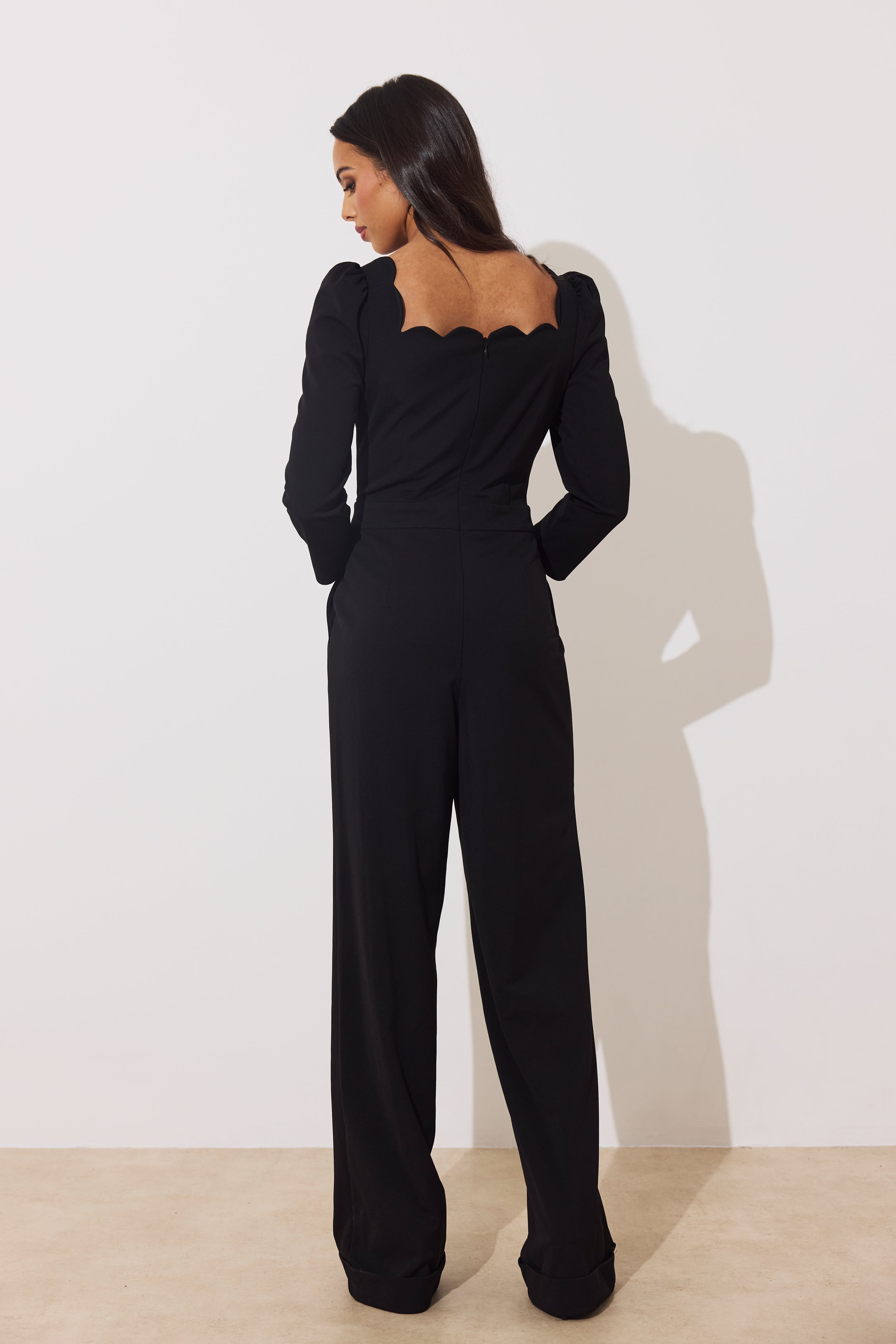 ADELINE SCALLOP EDGE WIDE LEG JUMPSUIT - BLACK