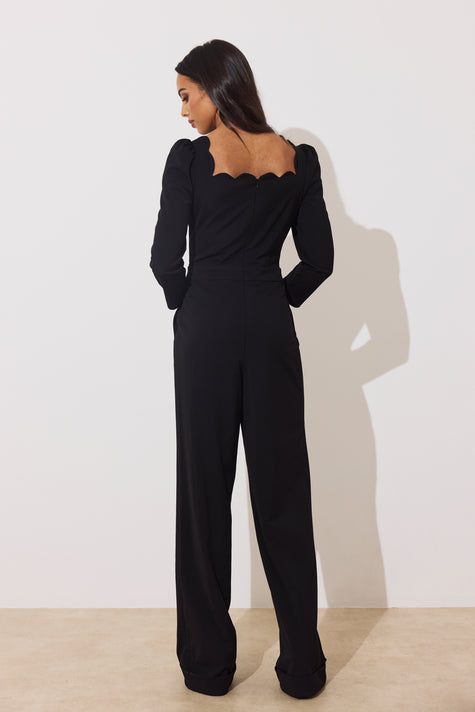 ADELINE SCALLOP EDGE WIDE LEG JUMPSUIT - BLACK