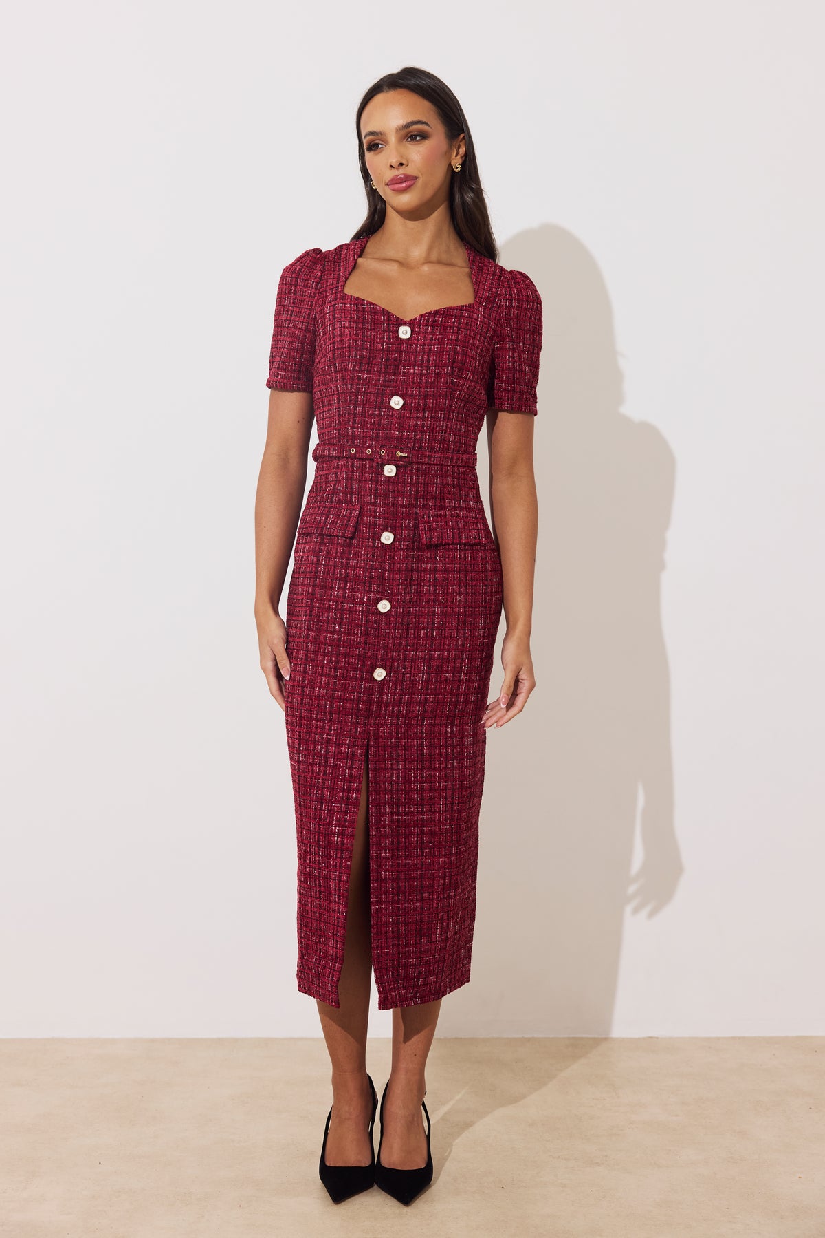 HARRIET TWEED BELTED MIDI DRESS - OXBLOOD SPARKLE