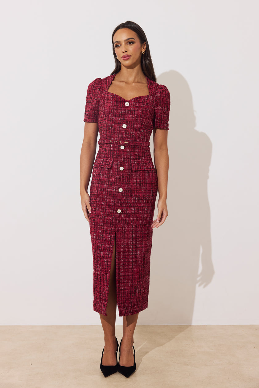 HARRIET TWEED BELTED MIDI DRESS - OXBLOOD SPARKLE