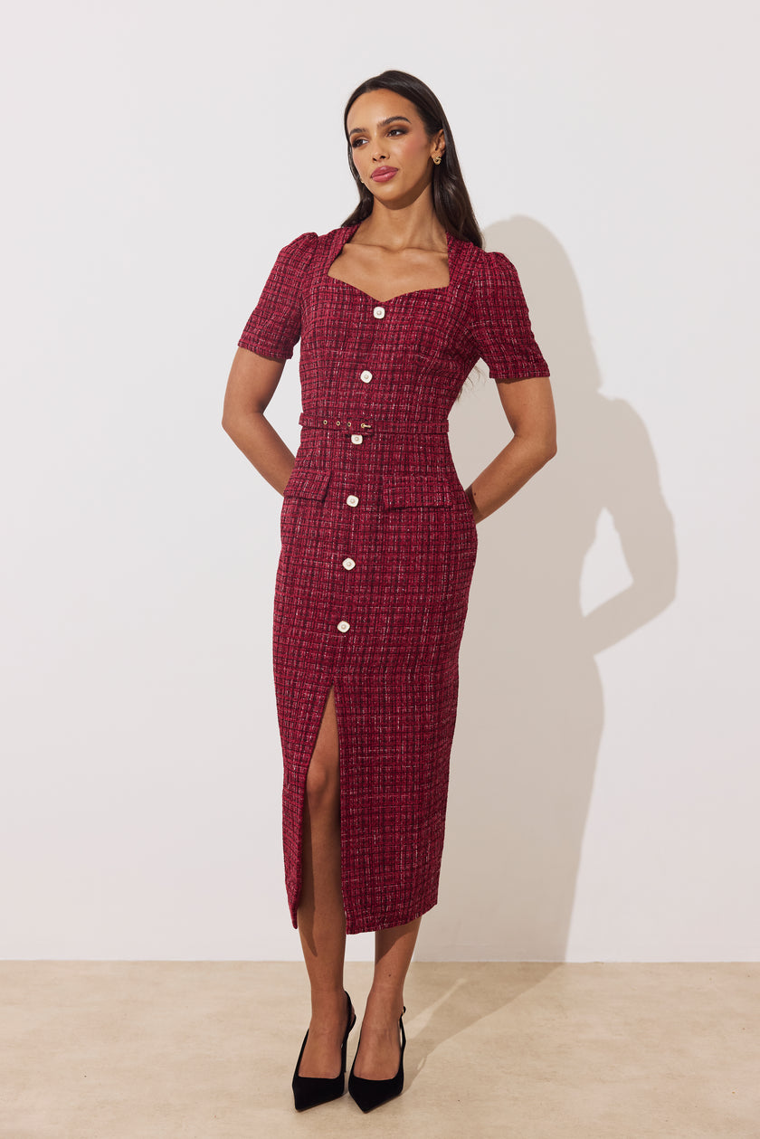 HARRIET TWEED BELTED MIDI DRESS - OXBLOOD SPARKLE