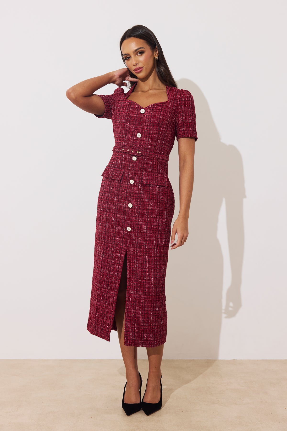 HARRIET TWEED BELTED MIDI DRESS - OXBLOOD SPARKLE