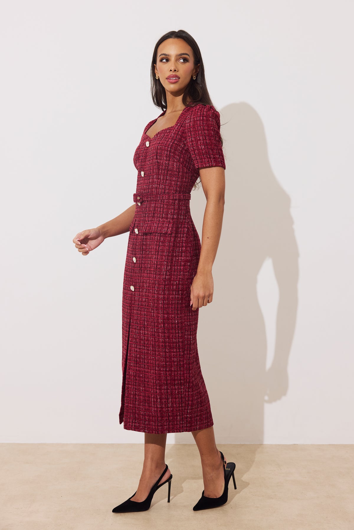 HARRIET TWEED BELTED MIDI DRESS - OXBLOOD SPARKLE