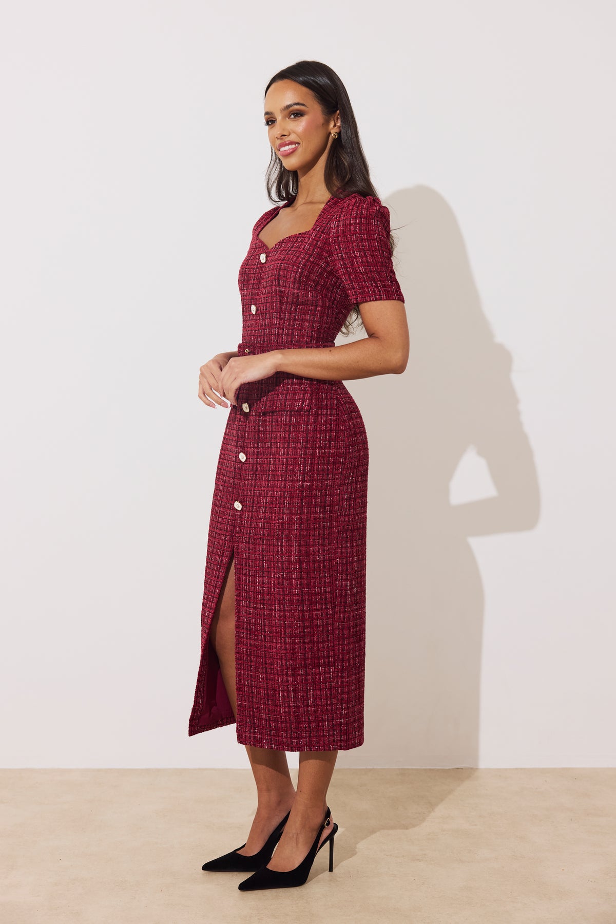 HARRIET TWEED BELTED MIDI DRESS - OXBLOOD SPARKLE
