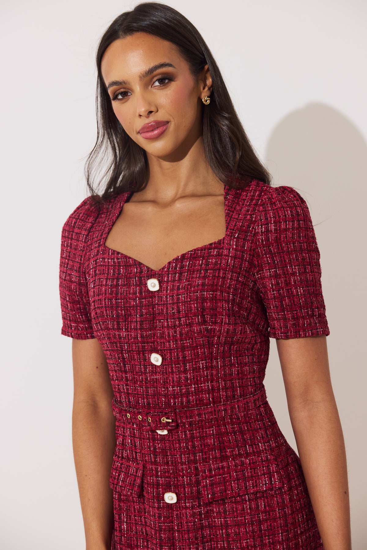 HARRIET TWEED BELTED MIDI DRESS - OXBLOOD SPARKLE