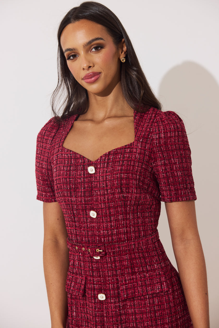 HARRIET TWEED BELTED MIDI DRESS - OXBLOOD SPARKLE