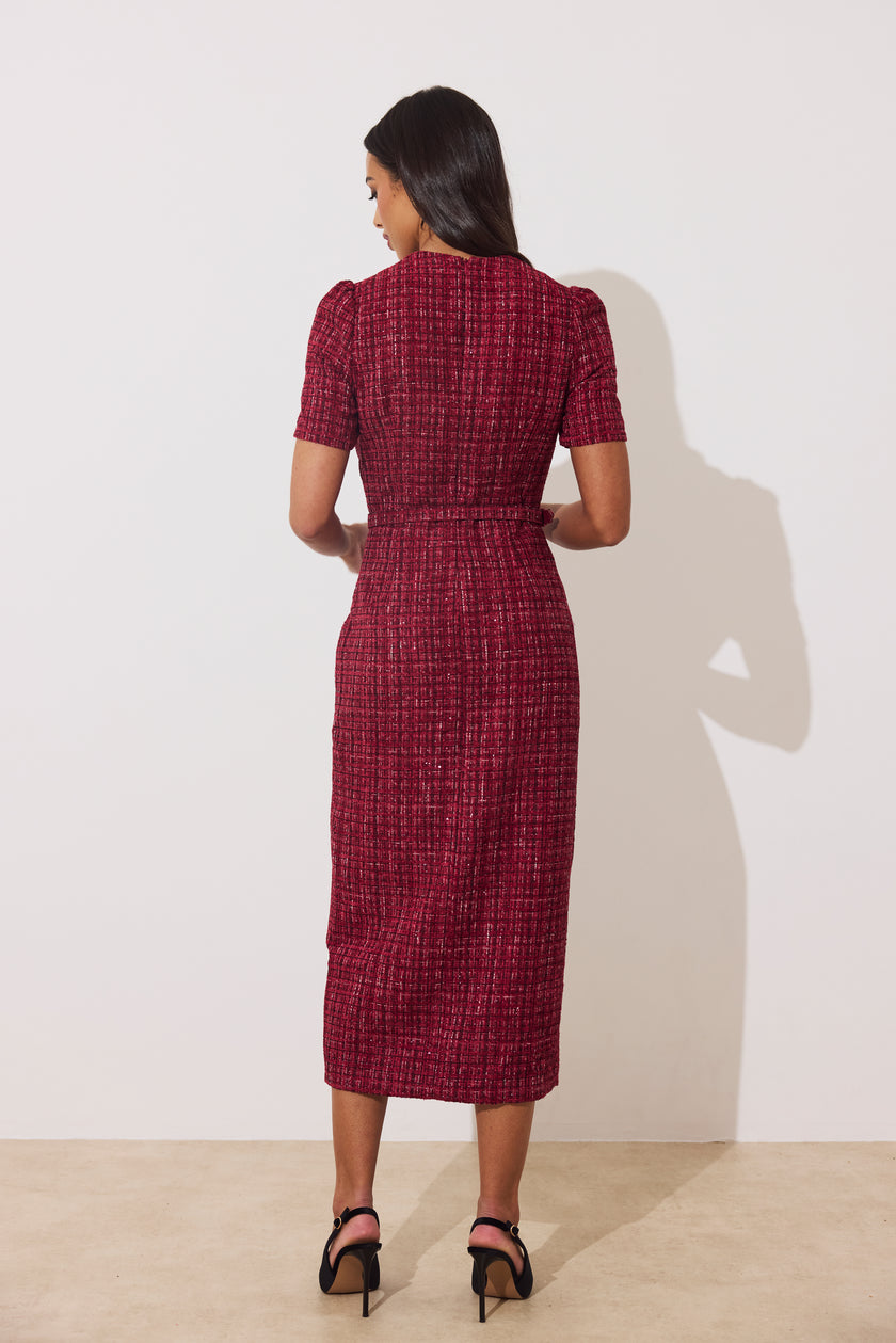 HARRIET TWEED BELTED MIDI DRESS - OXBLOOD SPARKLE