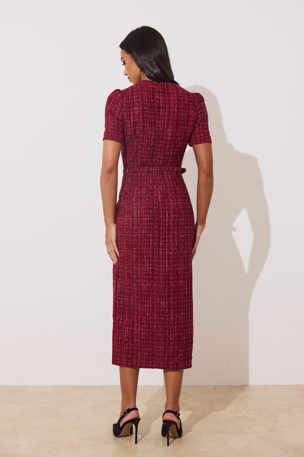HARRIET TWEED BELTED MIDI DRESS - OXBLOOD SPARKLE