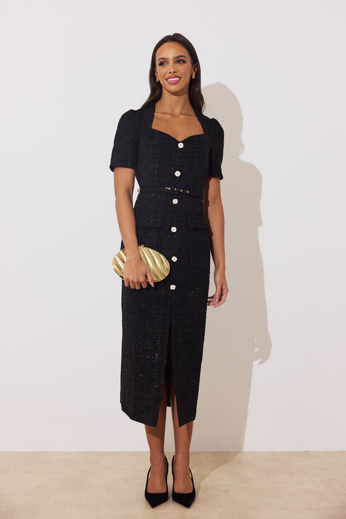 HARRIET TWEED BELTED MIDI DRESS - BLACK SPARKLE