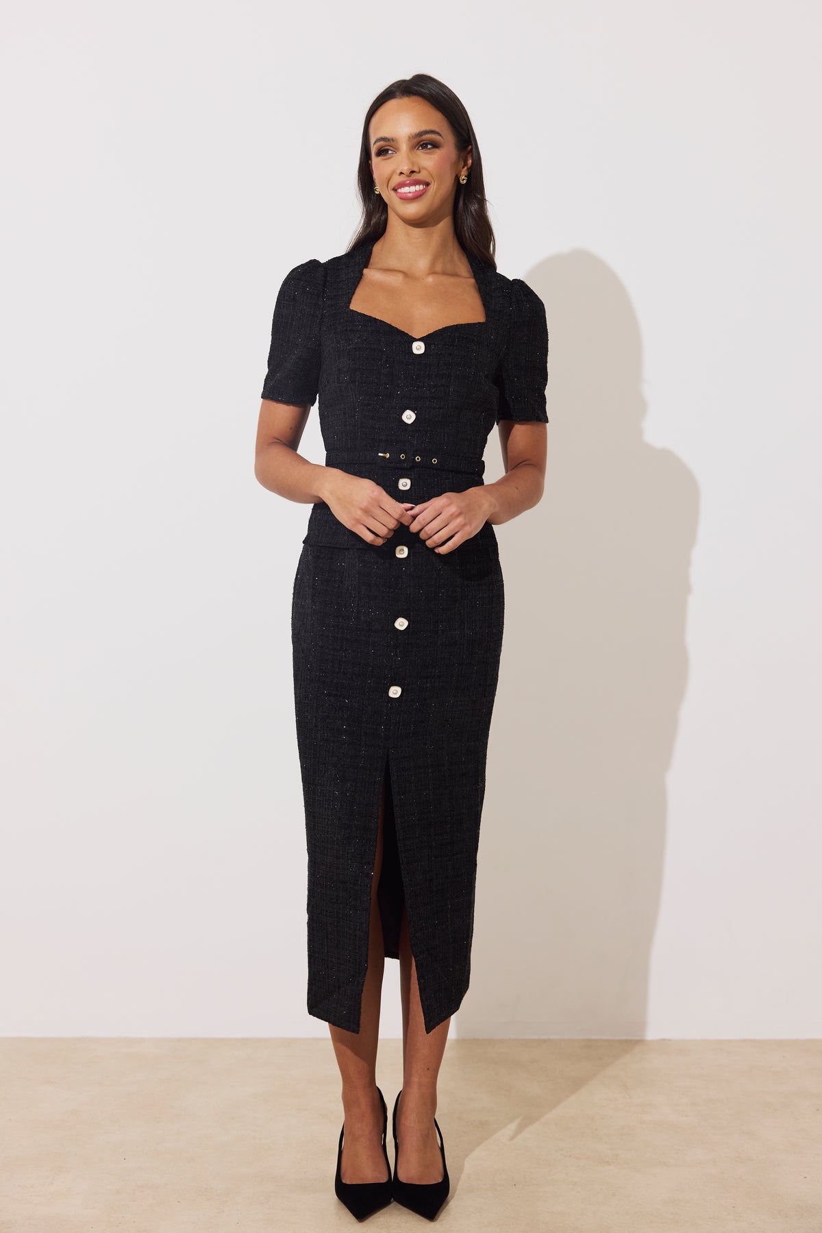 HARRIET TWEED BELTED MIDI DRESS - BLACK SPARKLE